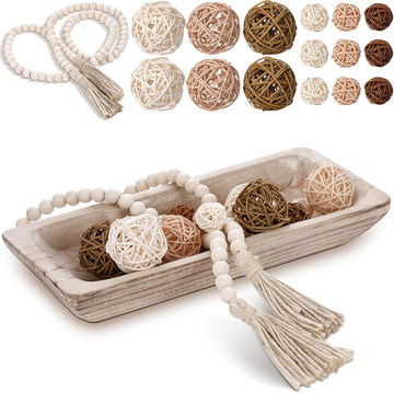 17 Pcs Wooden Centerpiece Table Decorations Wood Dough Bowl Wicker Rattan Balls Beads String with Tassel Natural