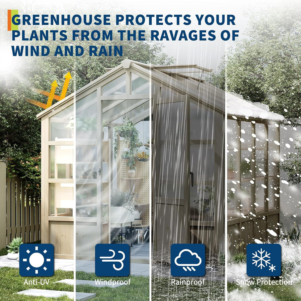 8x8FT Greenhouses for Outdoors, Wooden Greenhouse with Lockable Door, Wood Frame & Adjustable Vent, Polycarbonate