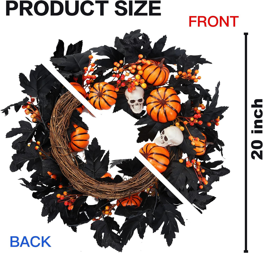 Halloween Wreath with Artificial Pumpkin Handmade Black Maple Leave Skull Pumpkin Orange Berries 20''Front Door