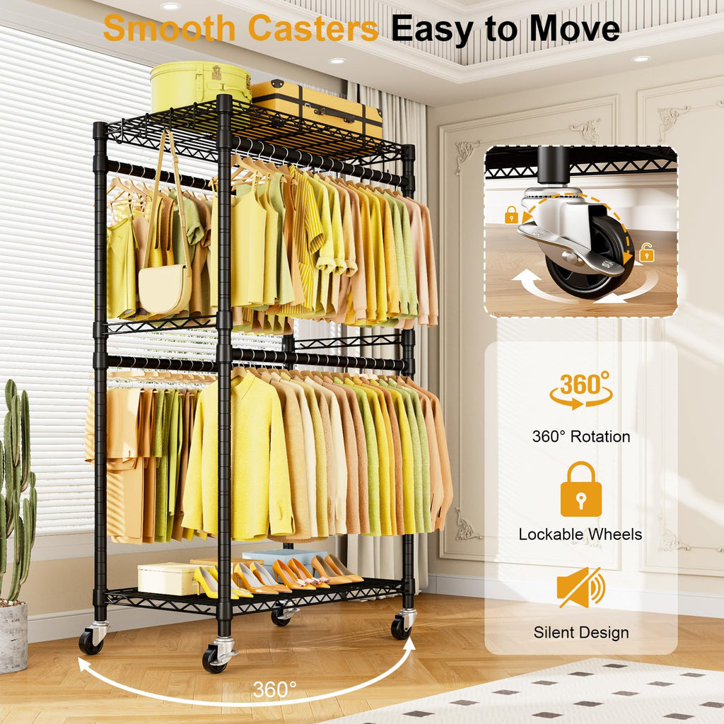 P4 Rolling Clothes Rack, Clothing Racks for Hanging Clothes, Black