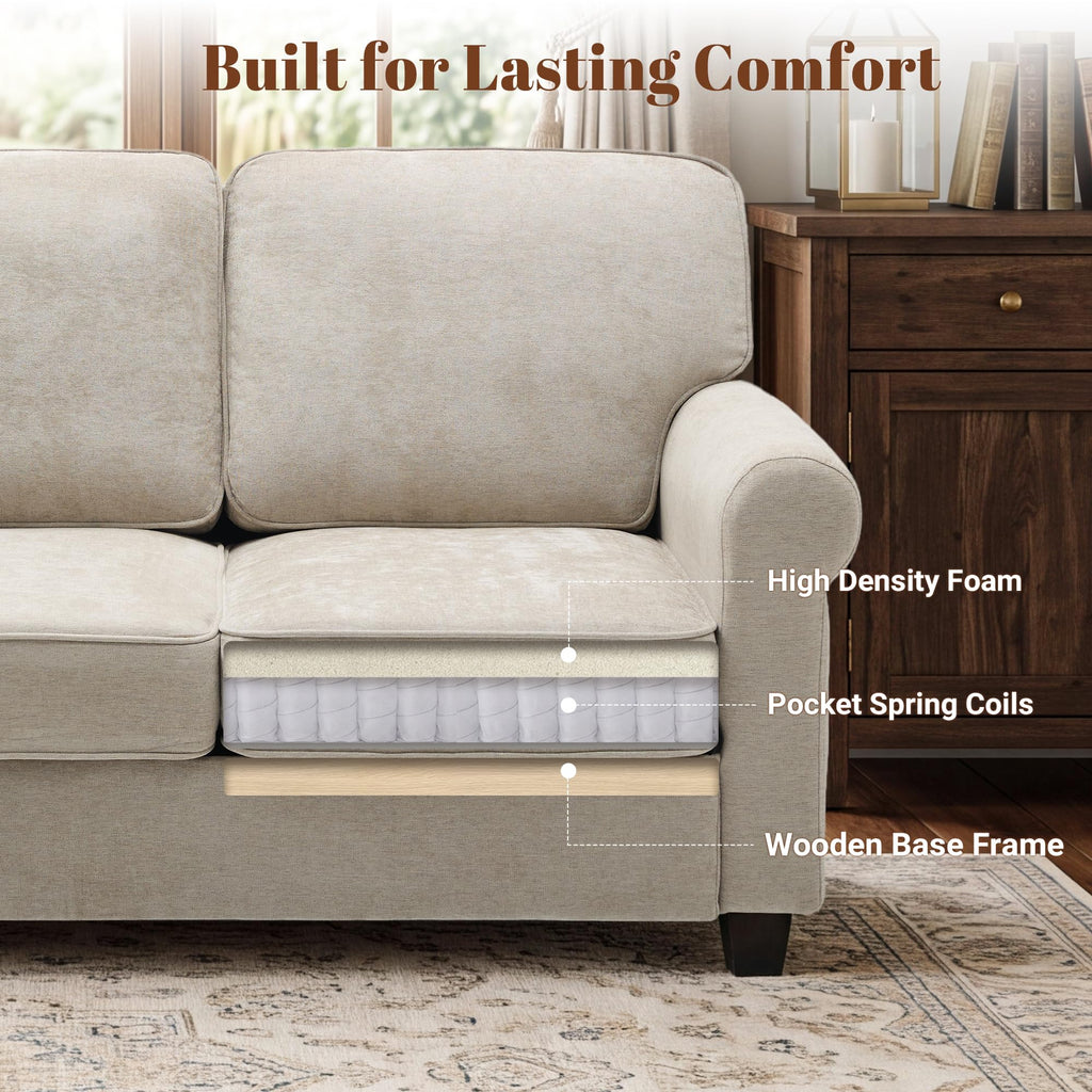Chenille Standard Sofa with Rolled Arms, Khaki