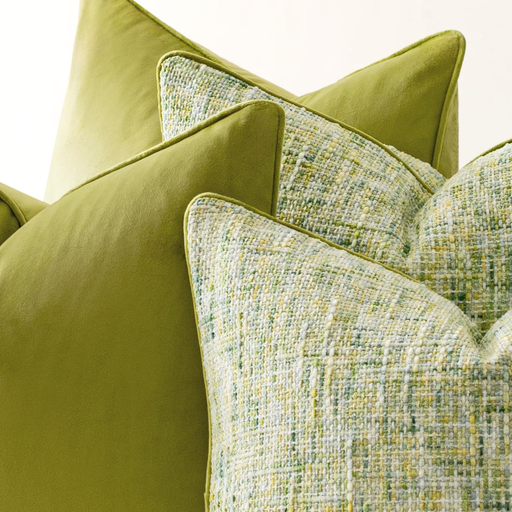 Green 4 Pack Throw Pillow Covers - Chenille & Velvet Set with Piping, Farmhouse Textured Design Pillow Cases for