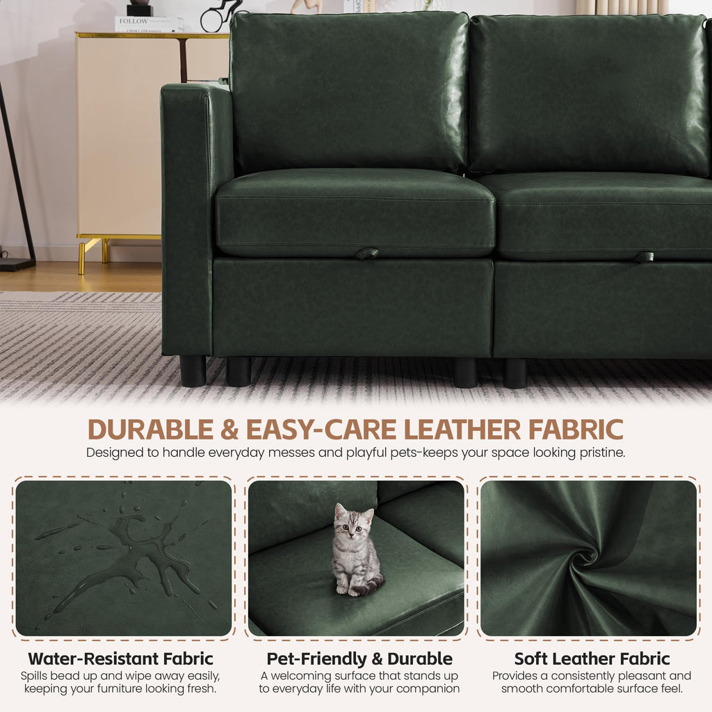 Modular Sectional Couch, 107" Faux Leather Storage 4 Seat Sofa, Green