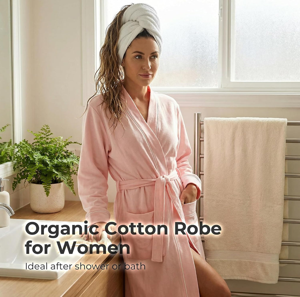 Womens Organic Cotton Robe, Lightweight Long Kimono Bathrobe for Women, Soft Spa Lounge Sleepwear with Pockets