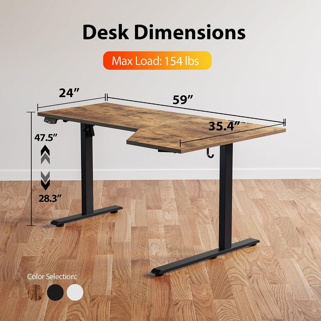 59 x 35 Inch Corner L Shaped Electric Standing Desk, Rustic Brown | Electric Height Adjustable, L-shape Workspace
