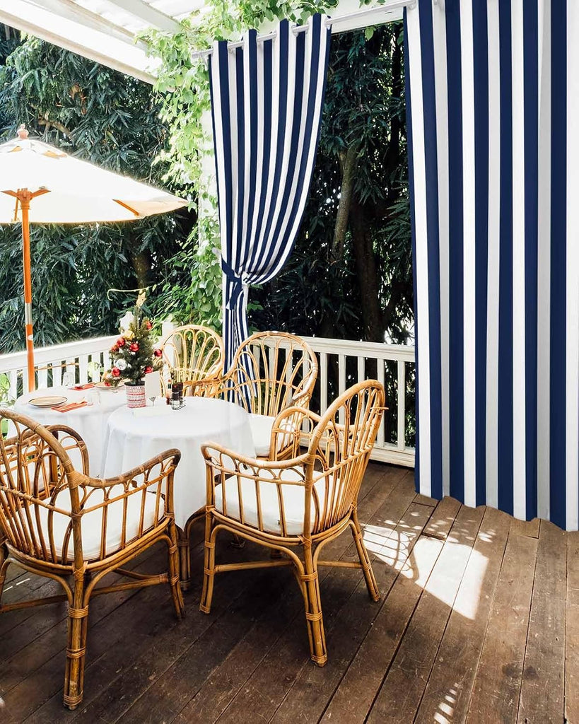 Navy Blue Stripe Outdoor Curtain 108 Inches Long Weighted Bottom Privacy,Deck Porch Gazebo Pergola Balcony Drape