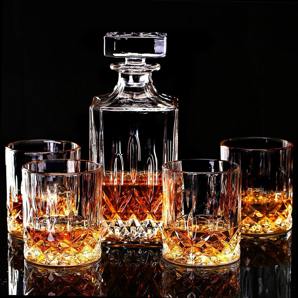 Whiskey Decanter Set for Men - Whiskey Decanter with 4 Whiskey Glasses in Gift Box, Non-Lead Glass for Bourbon - Set of 5