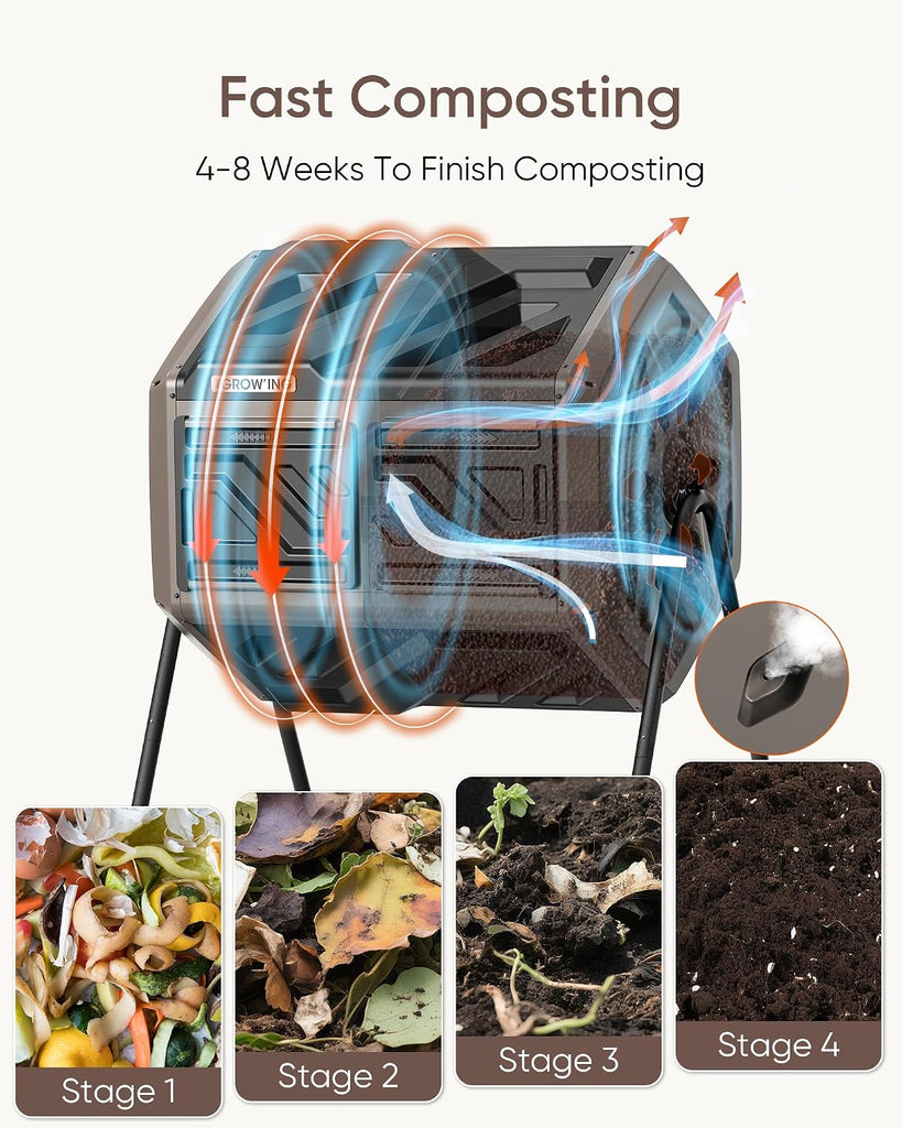 THE Growing 43 Gal Outdoor Compost Bin Tumbler for Backyard Garden, Brown | Twin 21.5gal chambers blend with