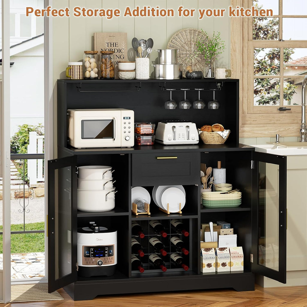 Coffee Bar Cabinet with LED Light and Storage Hutch, Black | Liquor Wine Bar Cabinet with Drawer, Wine Rack, Glass