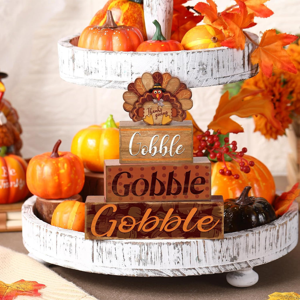 Thanksgiving Decor Turkey Cute Wooden Sign with Sayings - Set of 4