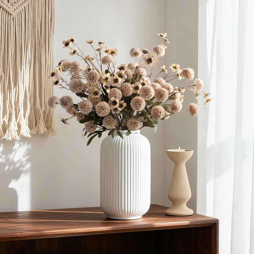 Fake Mums Kiku Flowers Artificial with Wild Flowers Bulk, Beige Silk Flower Arrangements Decor Floral - Set of 8