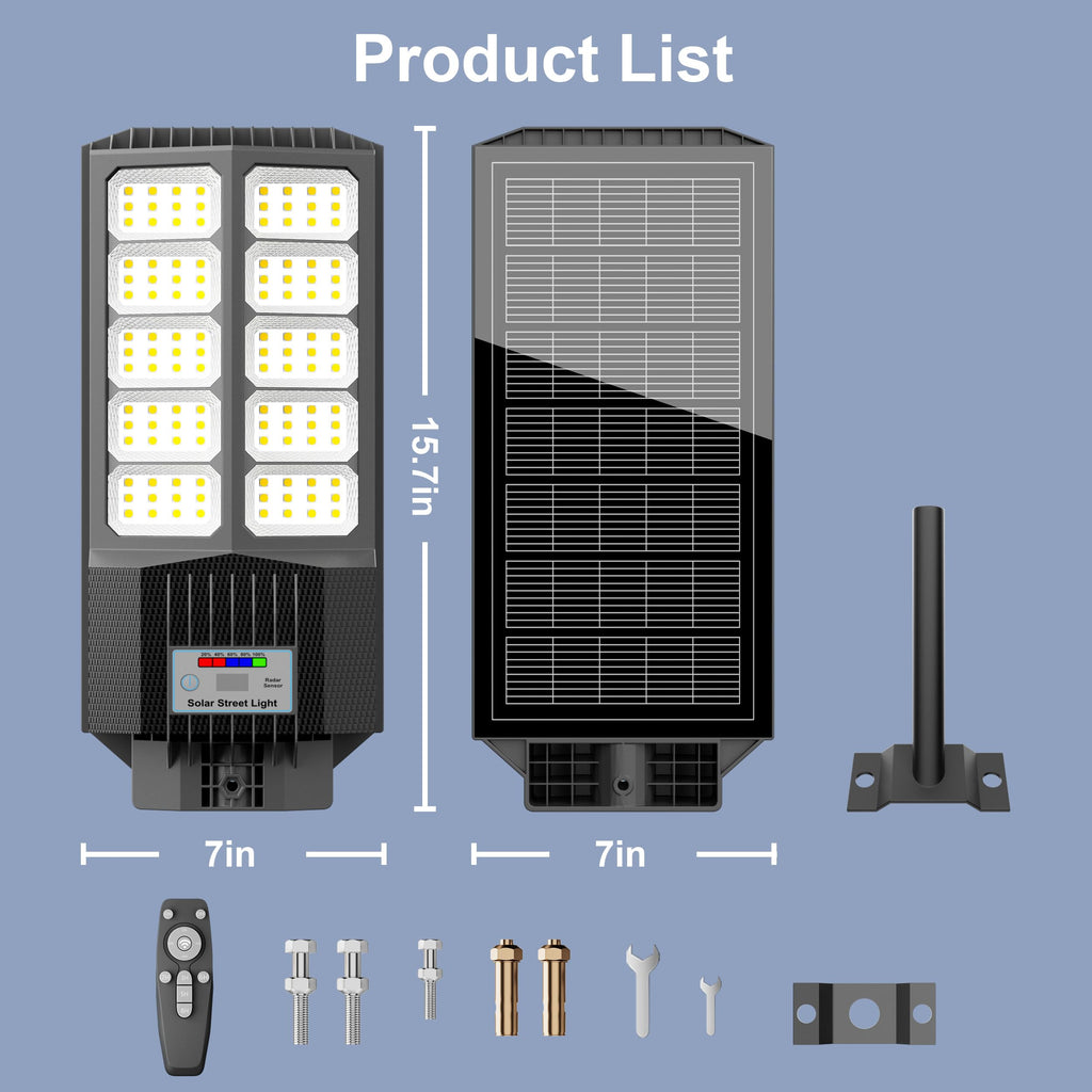 Solar Street Light with Pole Mount, Dusk-to-Dawn Outdoor LED, 300000 LM, 7000K IP67 Waterproof, Adjustable Modes, for