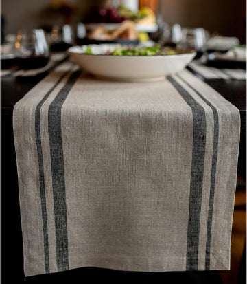 100% Pure Linen Table Runner, 14 x 108 in, Black, French Stripe | Table Runners for dining, hallway and console