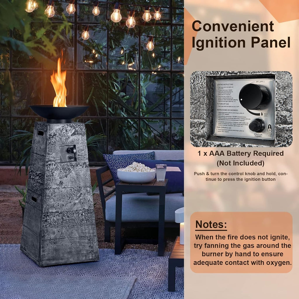 Propane Fire Bowl Column, Outdoor Burning Fire Bowl W/Lava Rocks & PVC Cover, 30,000 BTU Heat Output