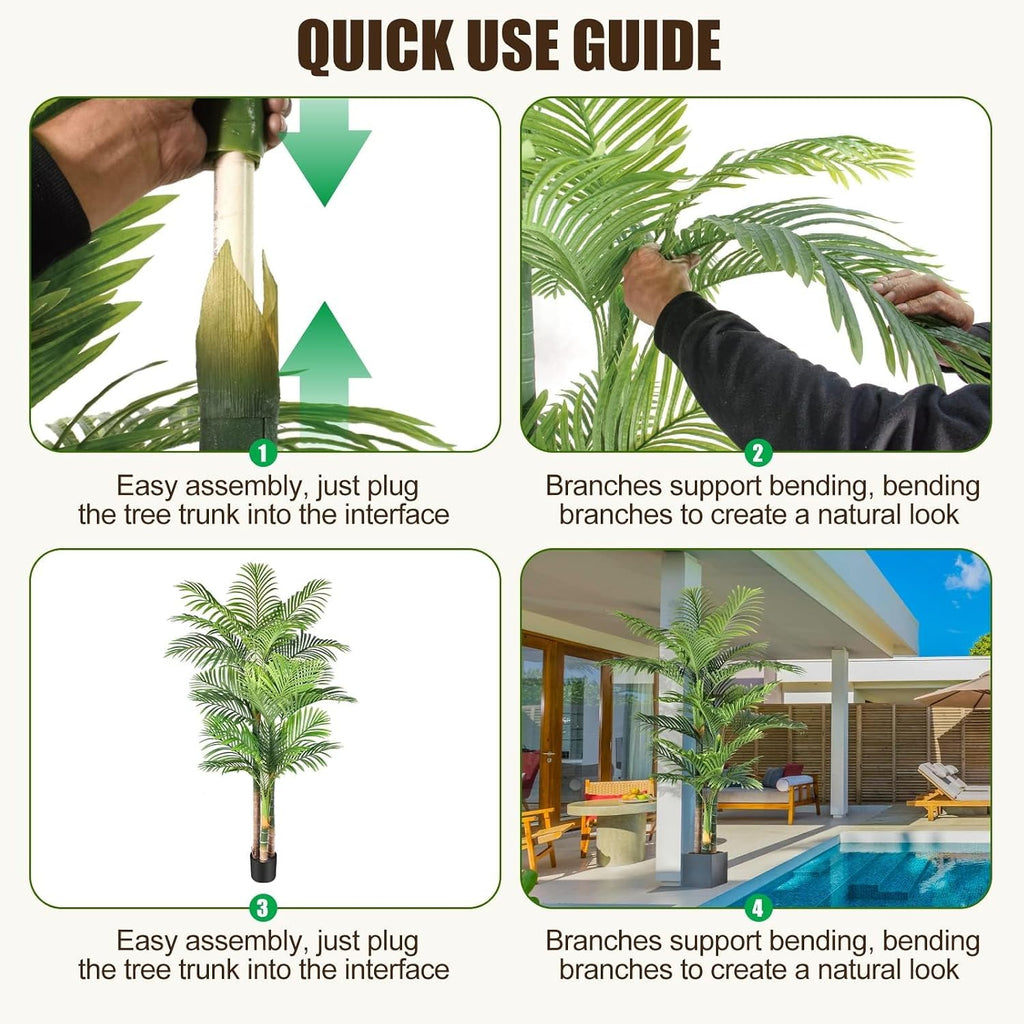 6ft Tall Triple Golden Cane Palm Artificial Tree Large Tropical Palm Tree UV Resistant Fake Plant in Pot Outdoor Big