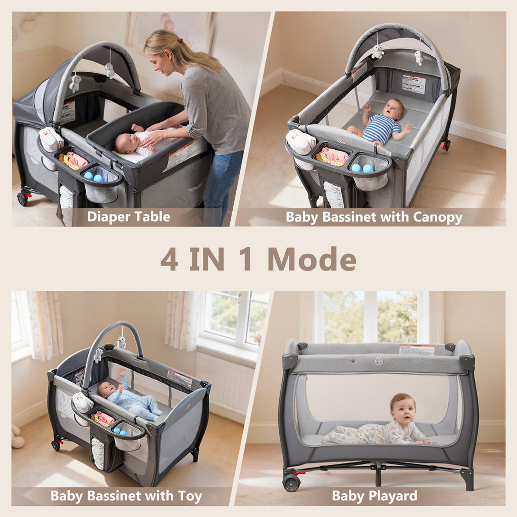 4 in 1 Portable Play Yard, Baby Playard w/Bassinet, Grey