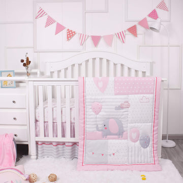 Baby Crib Bedding Set for Girls, Pink Elephant & Love Balloons 3 Piece Standard Size Nursery Crib Set for Baby Girls