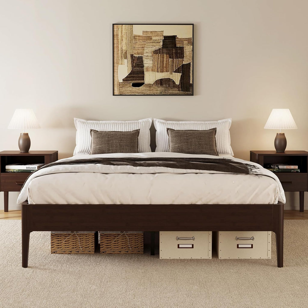 Full Size Japanese Wooden Bed Frame, Mid-Century Chocolate Wood Low Platform Bed, 9 inch Low Under Bed Storage