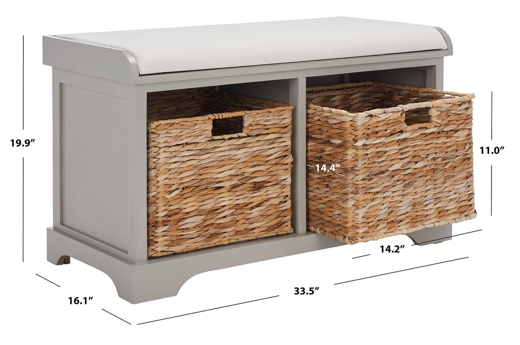 Freddy 2-Basket Storage Bench - Vintage Grey - Solid Wood - Coastal Basket Storage Design - Ideal, 18"