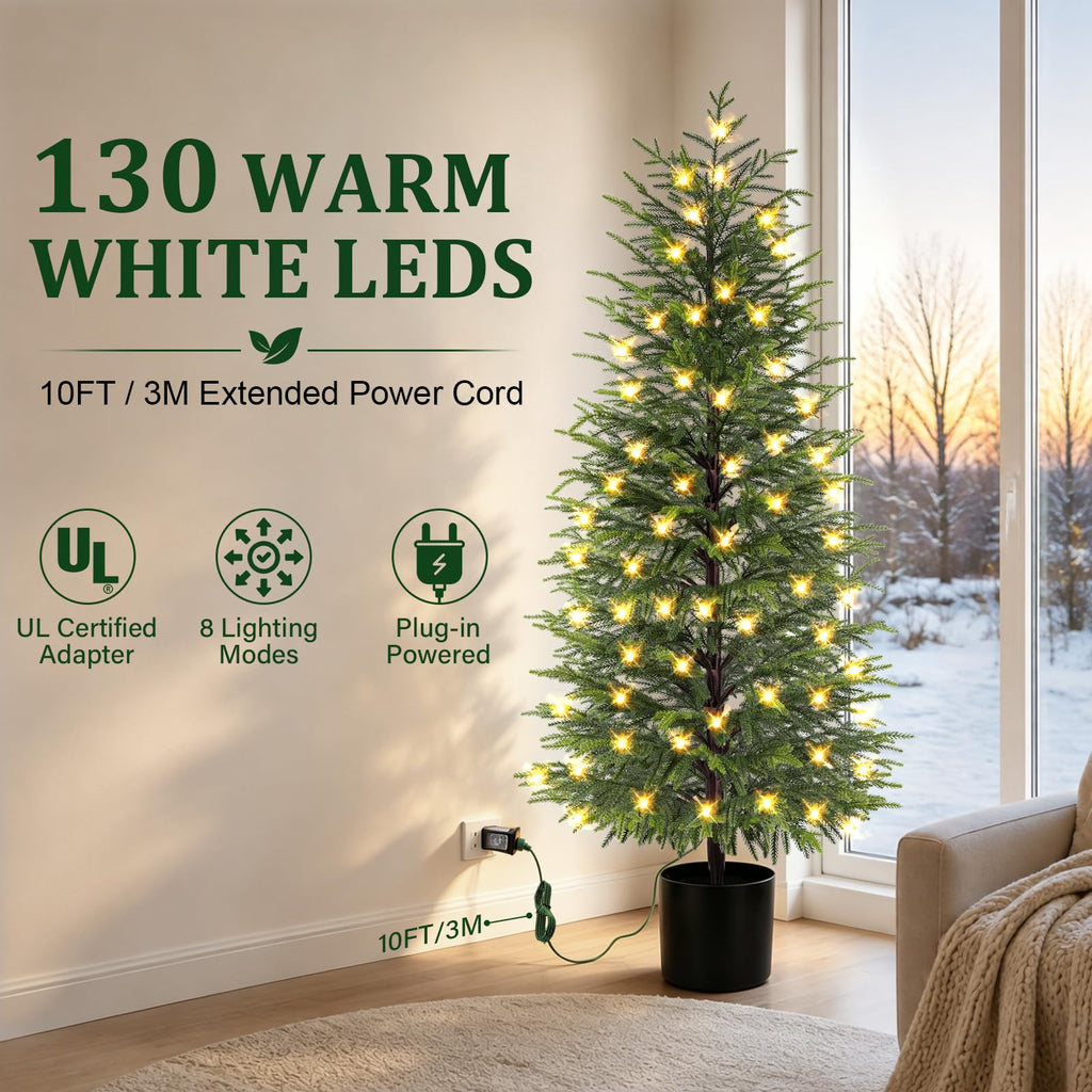 5FT Prelit Norfolk Pine Christmas Tree Real Touch Artificial Cedar Tree with 80LED Lights & 8-Function Plug-in Potted