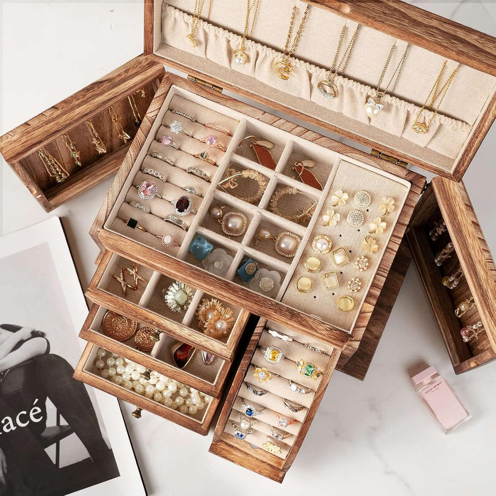 Jewelry Box Organizer, Solid Wood Jewelry Boxes for Women for Storage & Display Necklace Ring Earring Bracelet