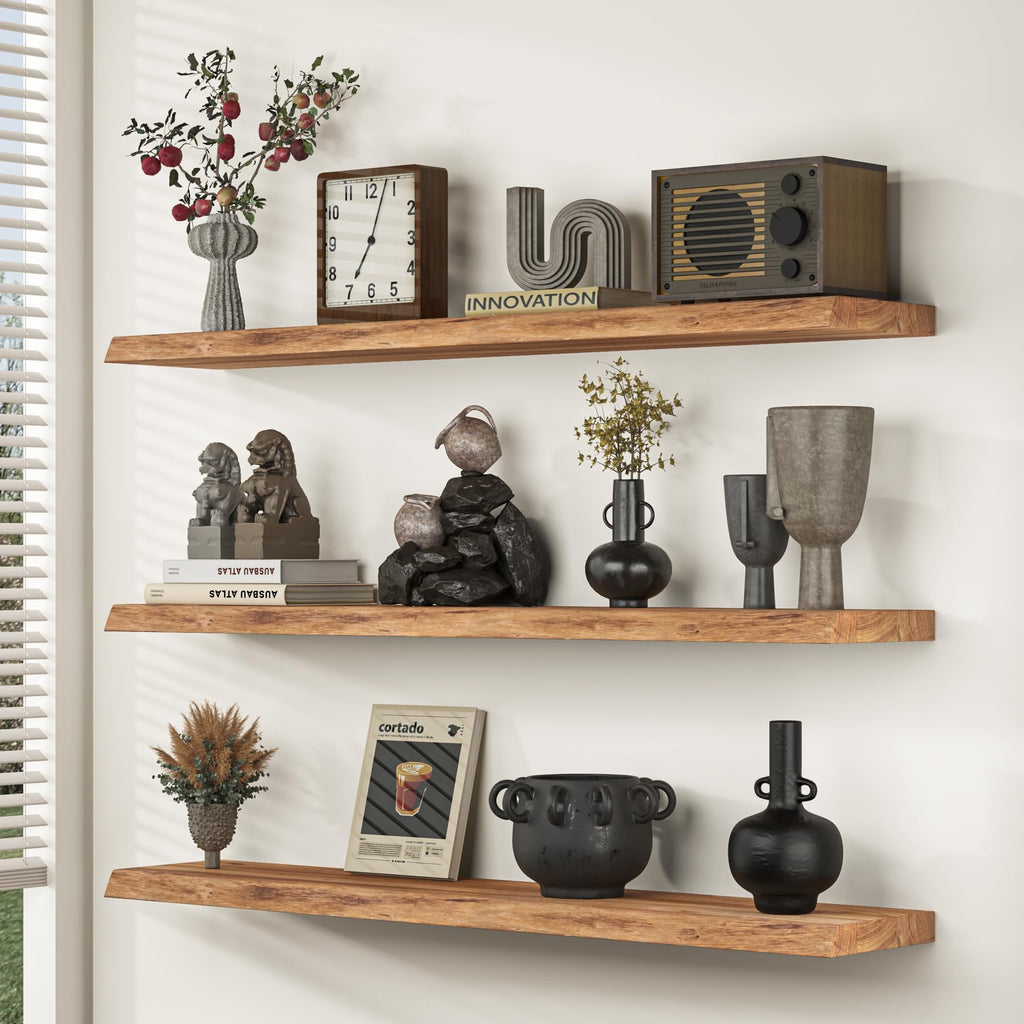 Live Edge Floating Shelves for Wall, 8" Deep Rustic Solid Elm Wood Wall Shelves with Invisible Bracket, Farmhouse