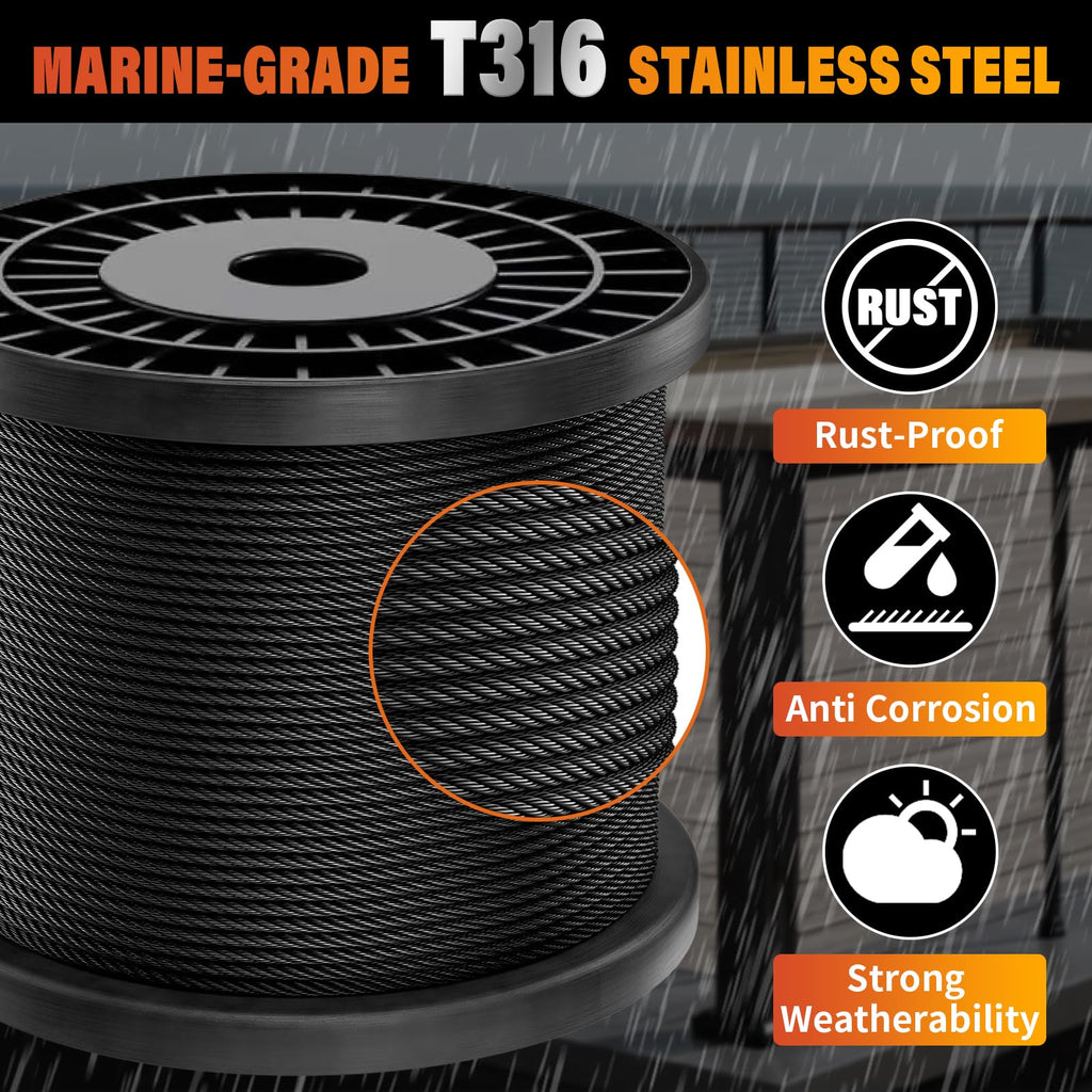 Black Cable Railing Kit - 1000FT 1/8" T316 Stainless Steel Cable