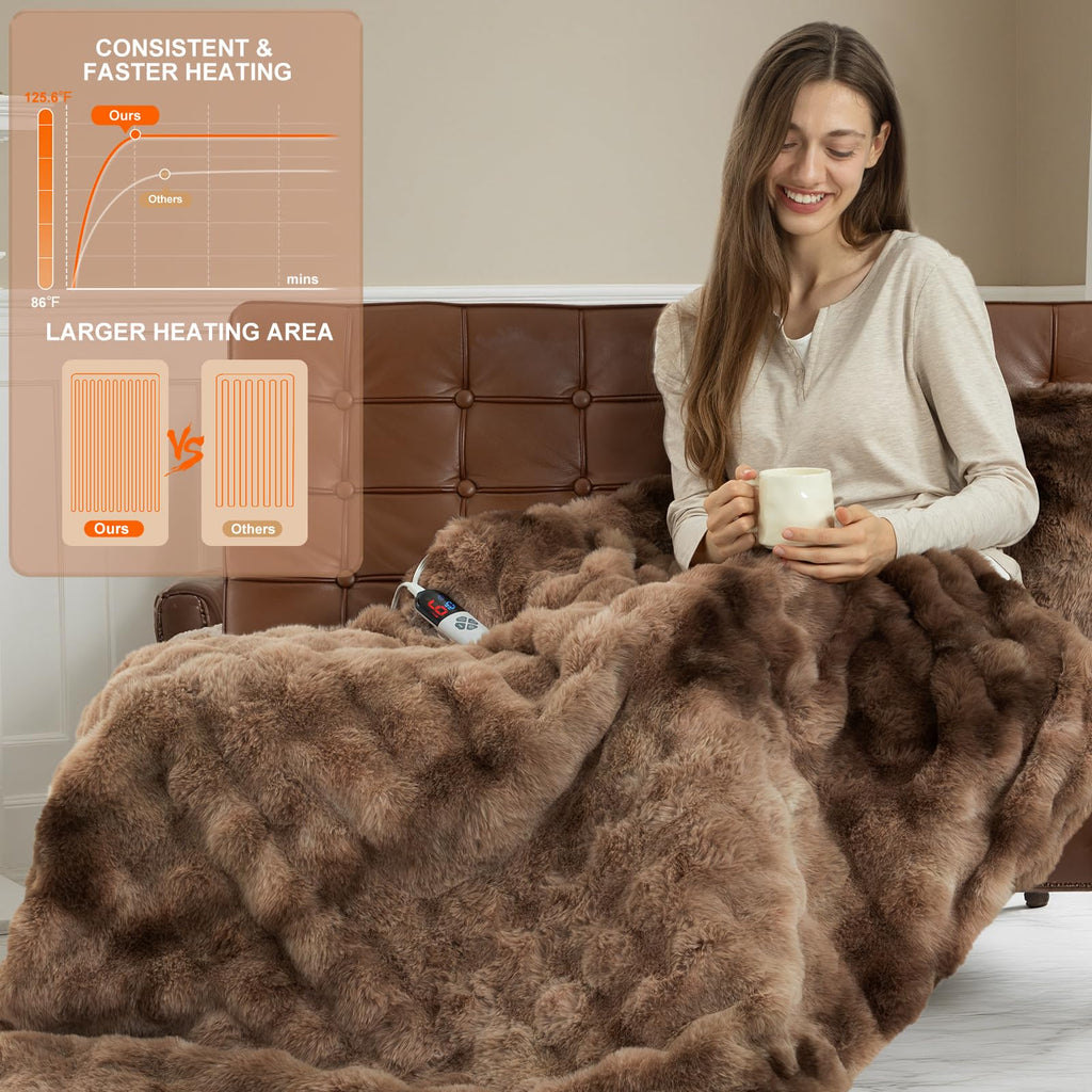 Faux Fur Electric Blanket for Women Gift, Tie-Dye Brown