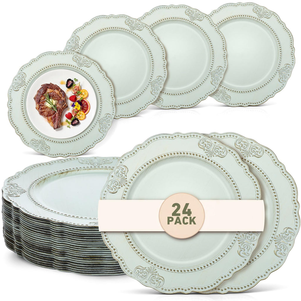24 Pack Faux Wood Charger Plates 13 Inch Farmhouse, Green, Flower