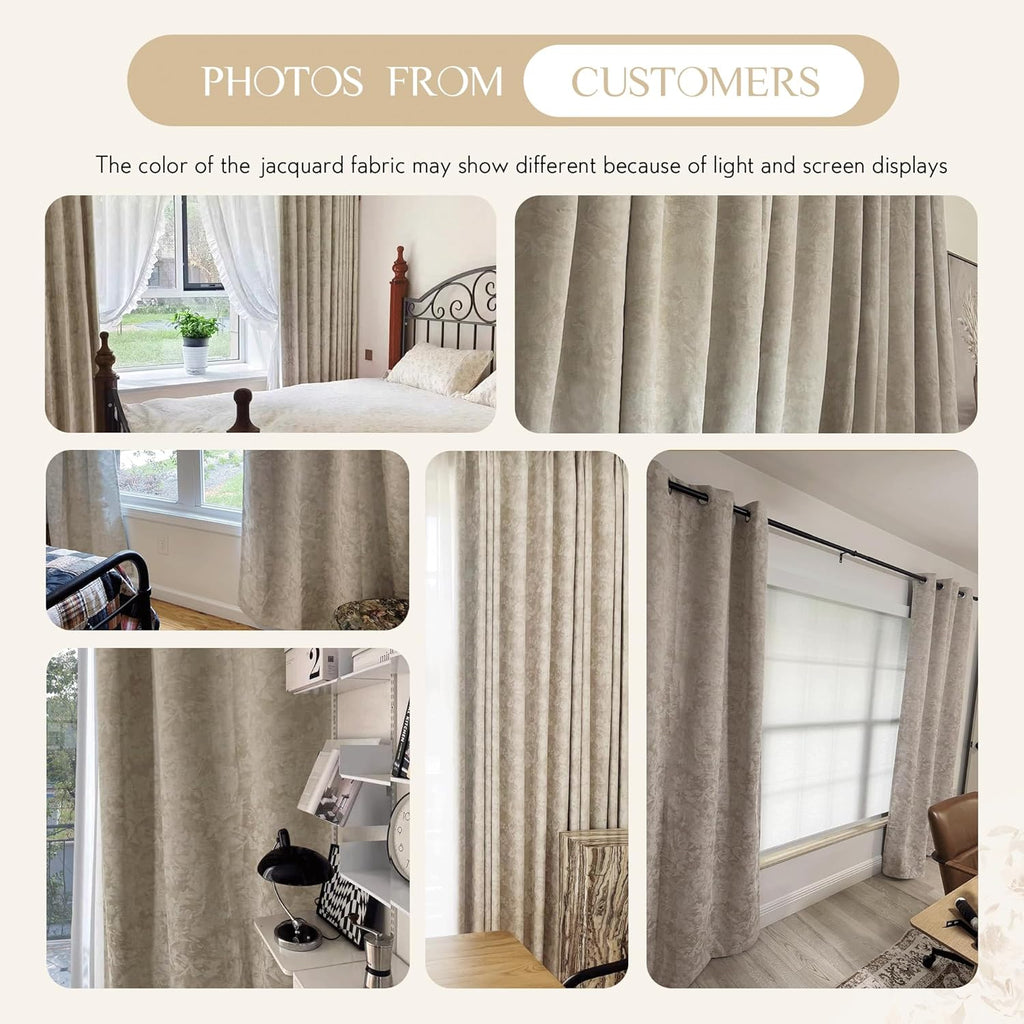 Beige Floral Jacquard Blackout Curtains 84 Inches Long 2 Panels for Bedroom Living Room Flower Chenille Room
