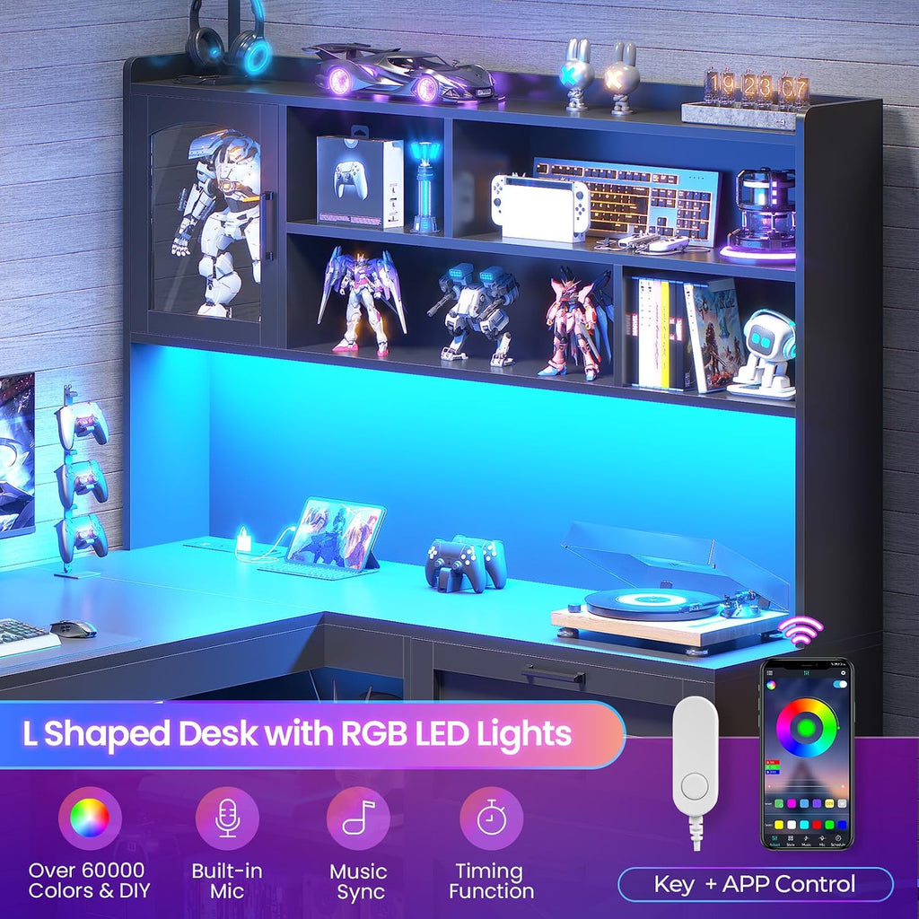 61" Farmhouse L Shaped Gaming Desk with Drawers, Bookshelf Storage | Computer Desk with Storage Shelves and Power