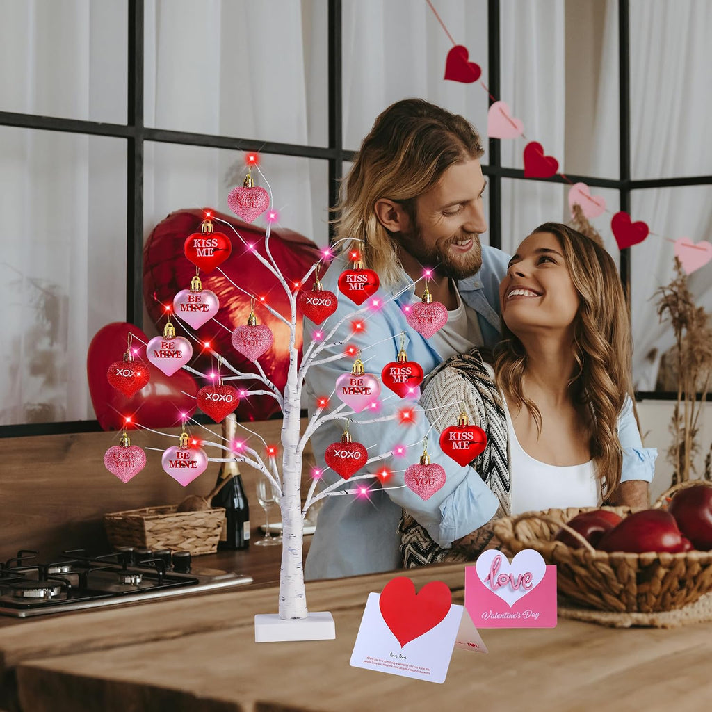 Birch Trees with Heart Ornaments 24'' Artificial Heart Table Tree Valentines Day Decorations with Cards Tree - Set of 2