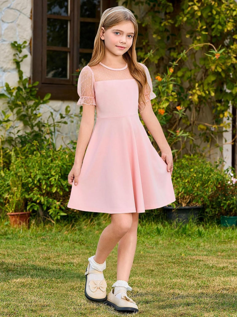 Girls Contrast Mesh Puff Sleeve Dress Kids Casual Party Dress