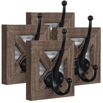 Farmhouse Bathroom Hooks - 4 Pack Rustic Wall Hooks for Towels, Coats, and Robes - Wood and Galvanized Metal - Wall