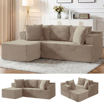 Cloud Modular Sectional Sofa with L-Shaped, Boneless Couches, Fluffy Comfy Corduroy Deep Seat with Ottoman, Bedroom