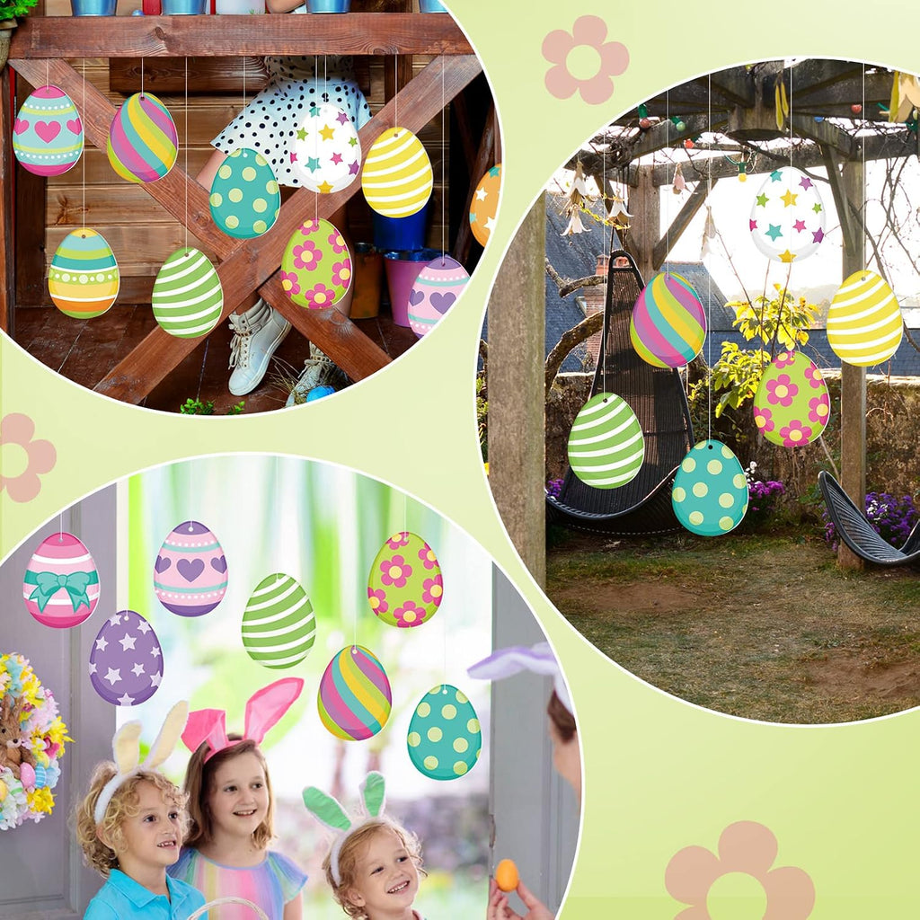 Easter Decorations Outdoor Easter Eggs Hanging Yard Signs 7.9 Inch Large Colorful Egg Shaped Double Sided - Set of 16
