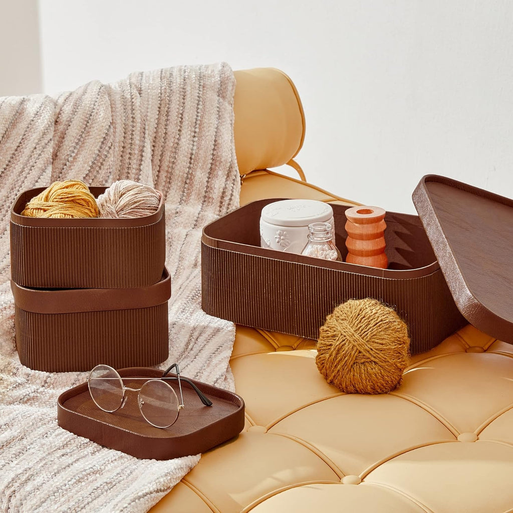 Decorative Storage Boxes with Lids Faux Leather, Brown 3 Pack - Set of 3