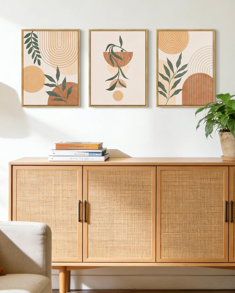 Brown Boho Wall Art Framed Botanical Mid Century Modern Wall Painting Neutral Bohemain Sage Decor for Farmhouse