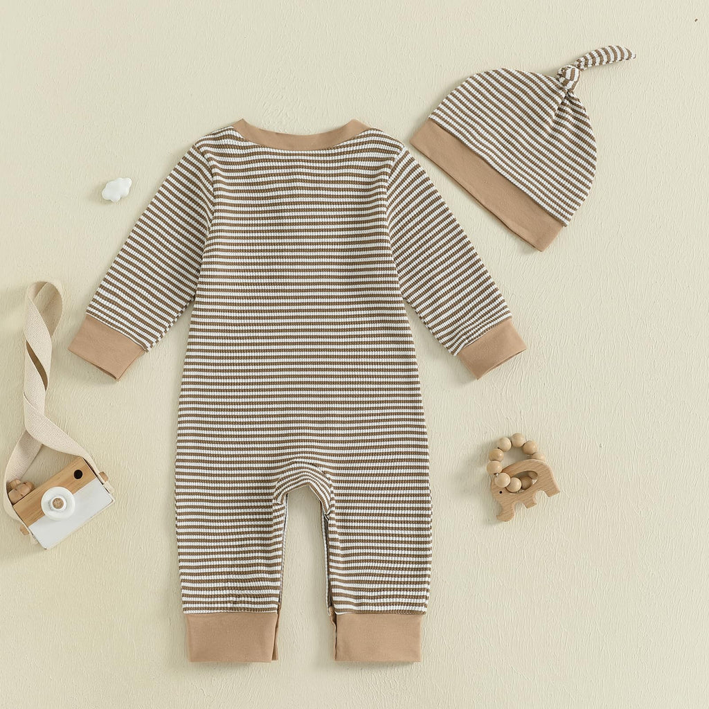 Newborn Baby Boy Romper Stripe Jumpsuit with Hat Coming Home Outfit Infant Fall Winter Clothes (Coffee #2, )