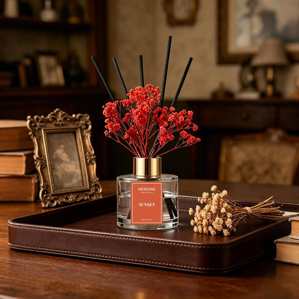 Reed Diffuser Set,3.38 fl oz (100 ml) - Sunset Oil Diffusers with 6 Reed Sticks Shelf Decor - Set of 338