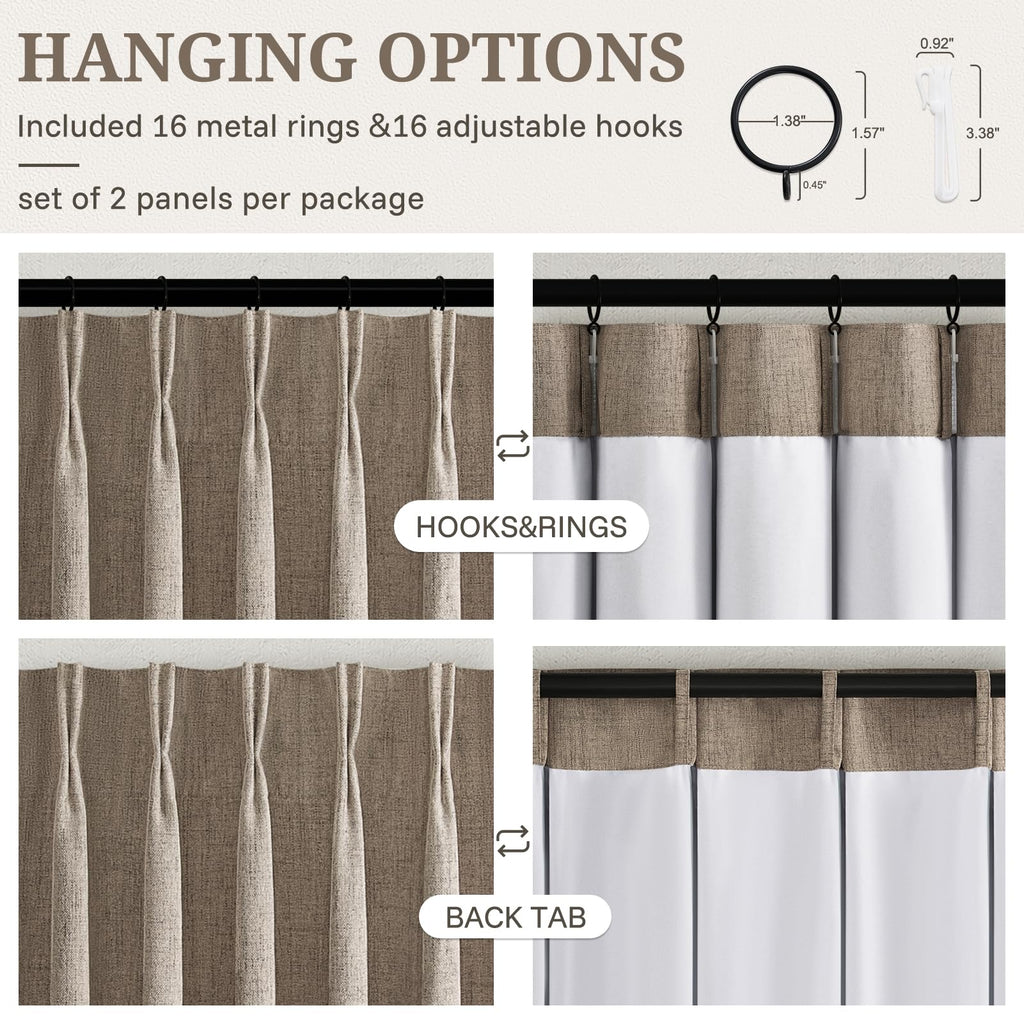 Extra Long 132 Inch Dark Flax Blackout Curtains for High End Living Room Floor Length Windows, Brown Heavy Large Pinch
