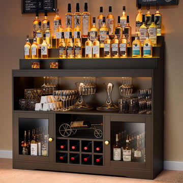 Wine Bar Cabinet with LED Lighted Liquor Bottle Display Shelf, Liquor Cabinet with Glass Holder, Coffee Bar for