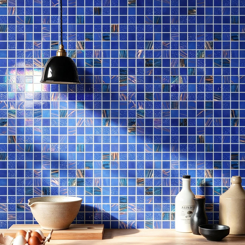 11.5 sq.ft Iridescent Cobalt Blue Glass Mosaic Tile , Pool