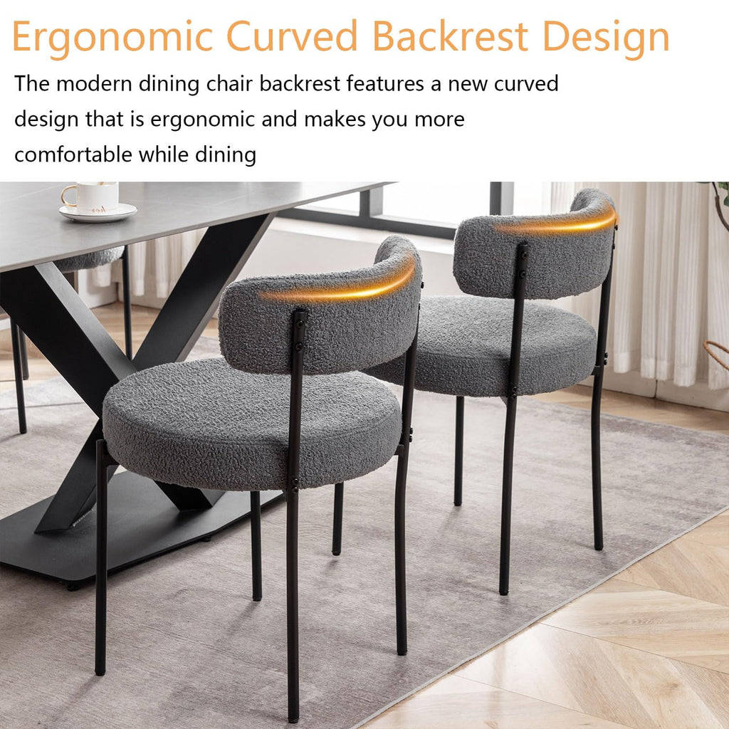 Grey Boucle Set of 6, Upholstered Dining Room Chairs with Black Metal Legs, Modern Dining Chair
