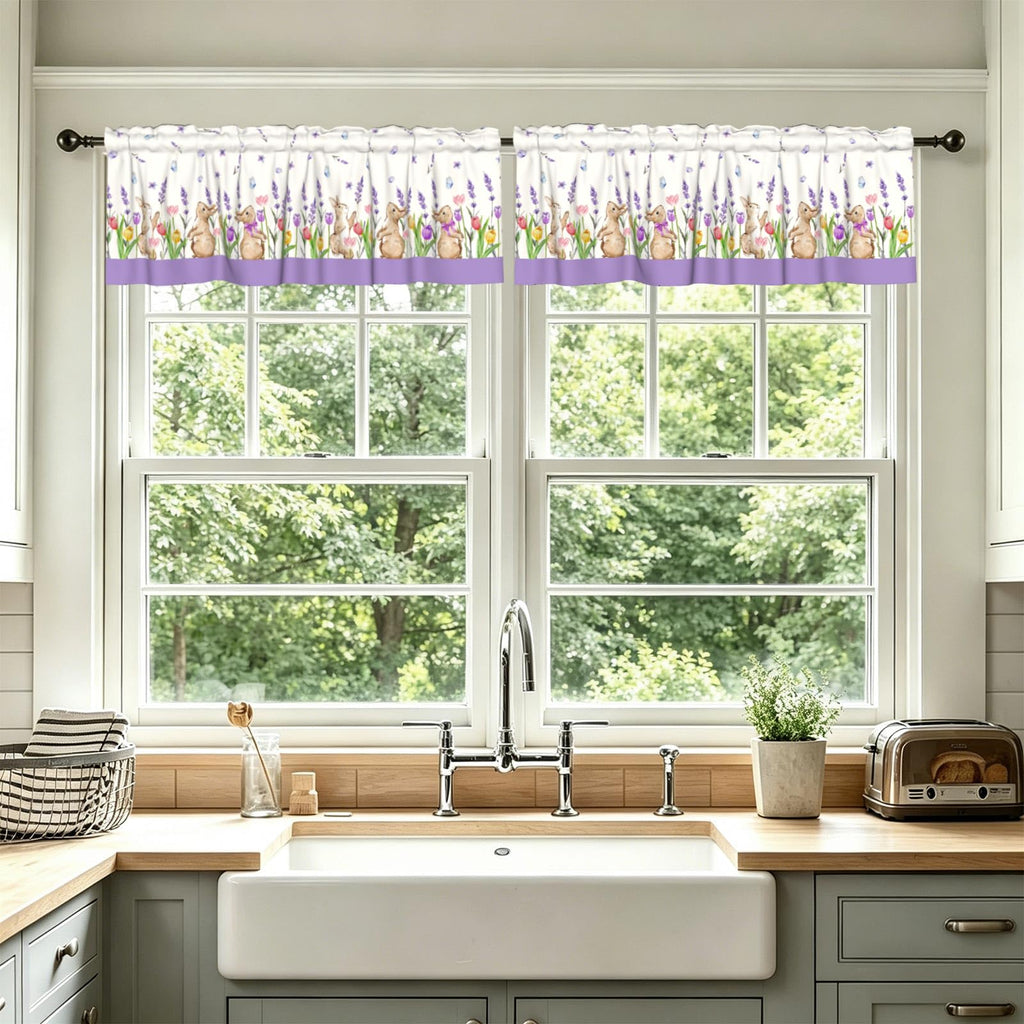 Easter Rabbit Curtain Valance Lavender Floral Short Kitchen Valances 2 Panel Rod Pocket Blackout Drapes Dining Room