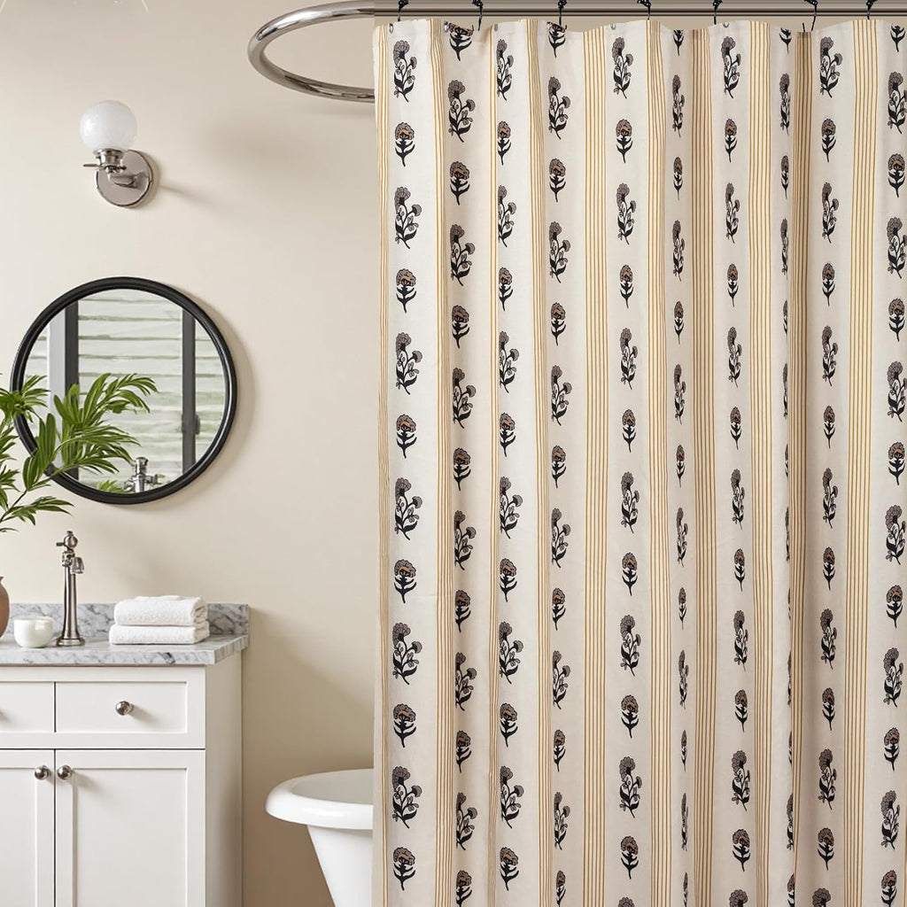 Brown Floral Linen Shower Curtain - Vintage Block Print Striped Shower Curtain Set,Rustic Farmhouse Frenchy Bathroom