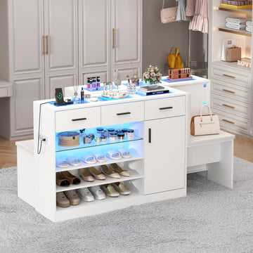 Wardrobe Armoire Closet with Charging & LED Light, Closet Island Dresser