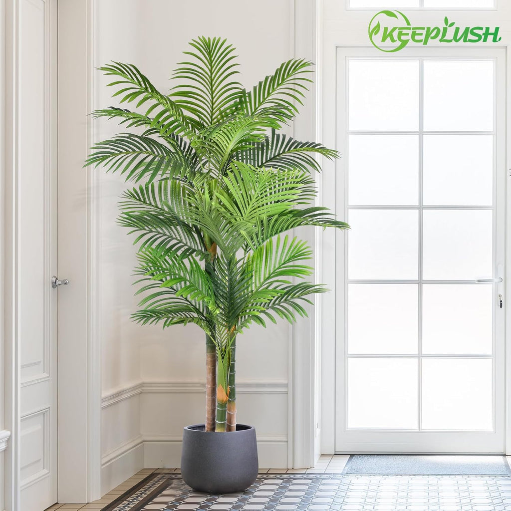 6ft Tall Triple Golden Cane Palm Artificial Tree 72inch Large Tropical Palm Tree UV Resistant Fake Plant in Pot - Set of 2