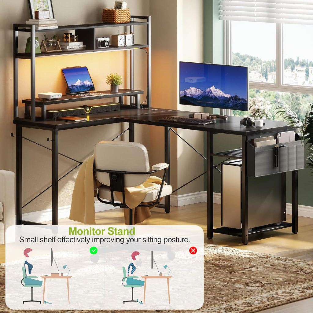 48" Small L Shaped Desk Gaming Desk with Power Outlets & Led Lights | Reversible L Shaped Computer Desk with Monitor