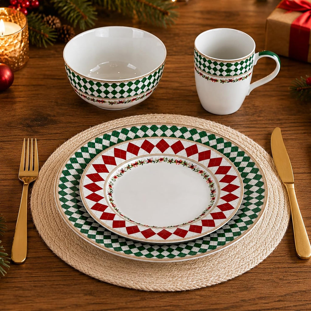 Christmas Argyle Real Gold Trim Porcelain Dinnerware Set,Service for 4